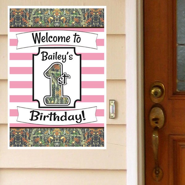 Camouflage Pink 1st Birthday Welcome Sign, Editable Canva Template by Birthday Direct