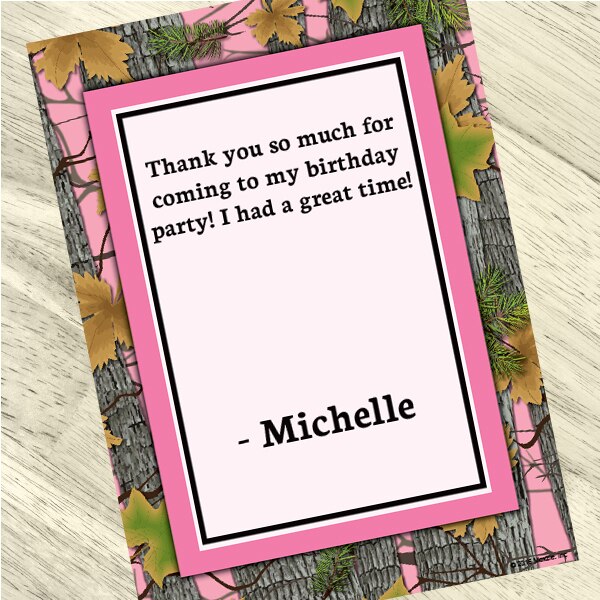 Camouflage Pink Party Thank You, 5x7-in, Editable PDF Printable by Birthday Direct