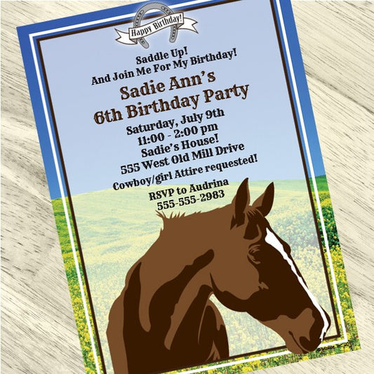 Horse Meadow Party Invitation, 5x7-in, Editable PDF Printable by Birthday Direct