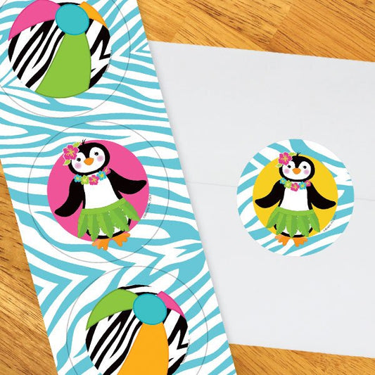 Penguin Hula Party 2-in Circle, 8.5x11 Printable PDF by Birthday Direct