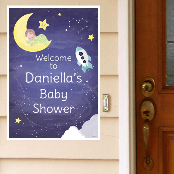 To the Moon Baby Shower Door Greeter, Editable PDF Printable by Birthday Direct