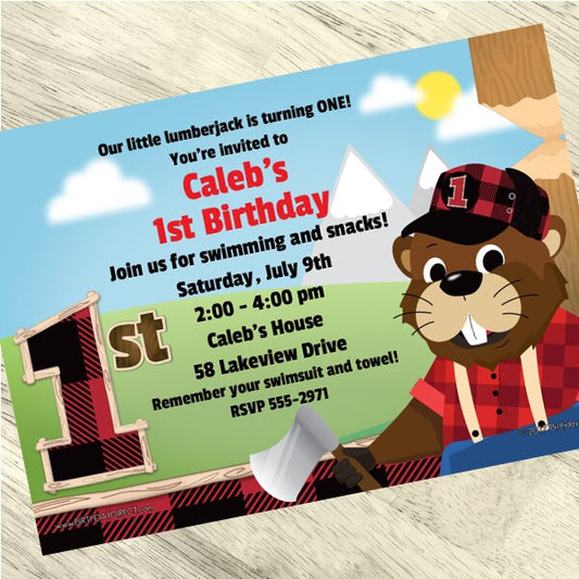 Woodland Lumberjack Beaver 1st Birthday Invitation, 5x7-in, Editable PDF Printable by Birthday Direct