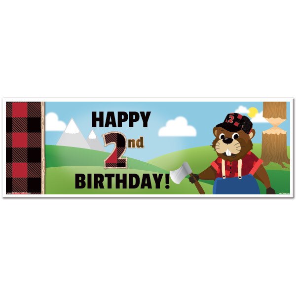 Woodland Lumberjack Beaver 2nd Birthday Small Banner, 8.5x11 Printable PDF by Birthday Direct