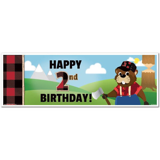 Woodland Lumberjack Beaver 2nd Birthday Small Banner, 8.5x11 Printable PDF by Birthday Direct