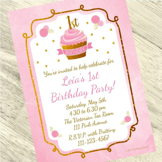 Pink and Gold 1st Birthday Invitation, 5x7-in, Editable PDF Printable by Birthday Direct