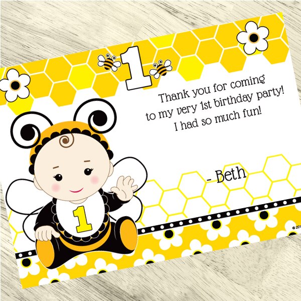 Bumble Bee 1st Birthday Thank You, 5x7-in, Editable PDF Printable by Birthday Direct