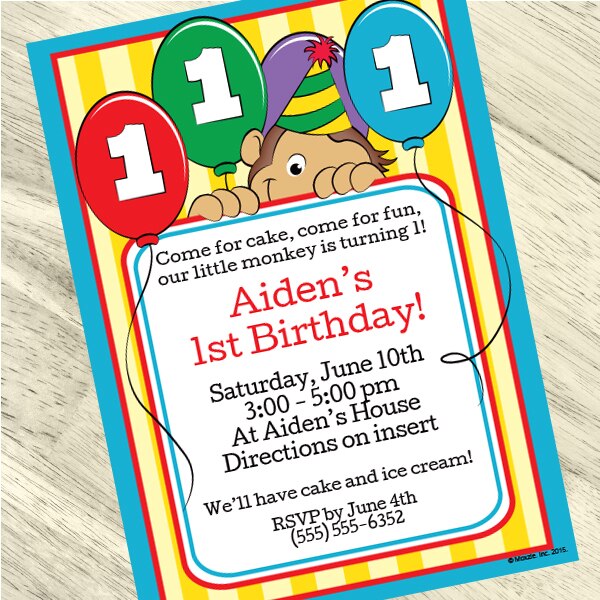 Monkey Cute 1st Birthday Invitation, 5x7-in, Editable PDF Printable by Birthday Direct