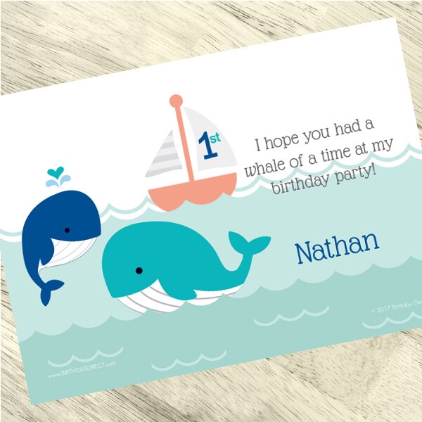 Little Whale Blue 1st Birthday Thank You, 5x7-in, Editable PDF Printable by Birthday Direct