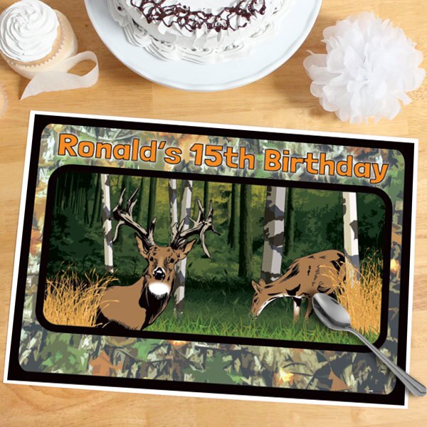 Camouflage Woodland Deer Party Placemat, 8.5x11 Editable PDF Printable by Birthday Direct