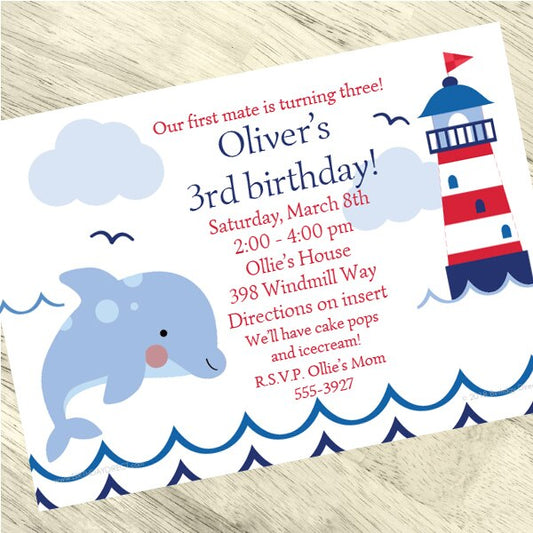 Nautical Dolphin Party Invitation, 5x7-in, Editable PDF Printable by Birthday Direct