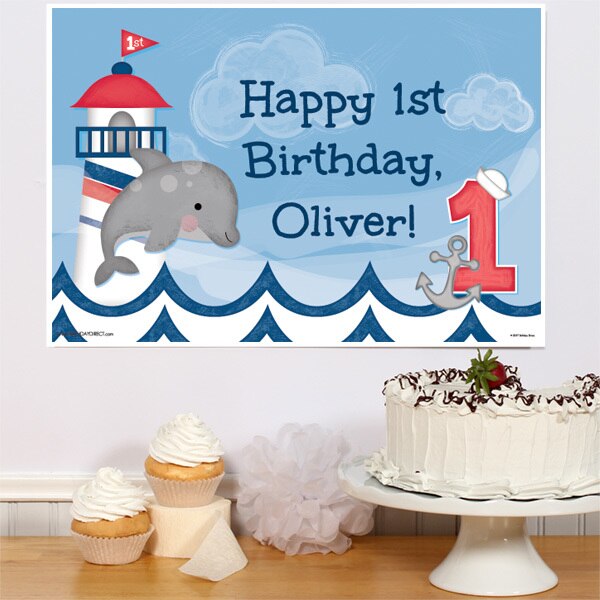 Nautical Dolphin 1st Birthday Sign, Editable Canva Template by Birthday Direct