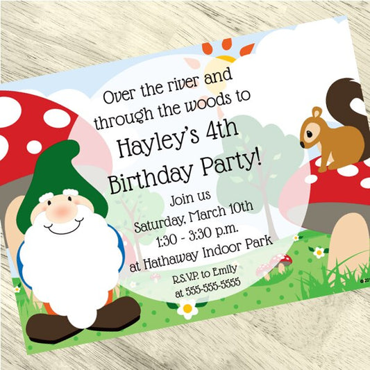 Woodland Gnome Party Invitation, 5x7-in, Editable PDF Printable by Birthday Direct