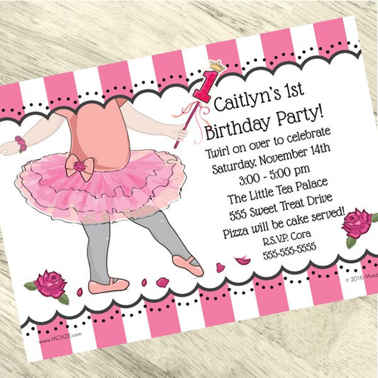 Ballerina 1st Birthday Invitation, 5x7-in, Editable PDF Printable by Birthday Direct