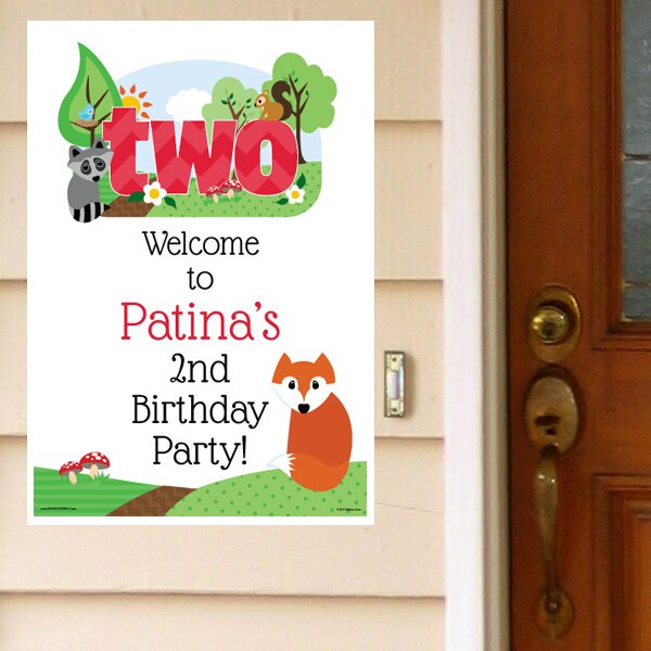 Woodland Animals 2nd Birthday Door Greeter, Editable PDF Printable by Birthday Direct