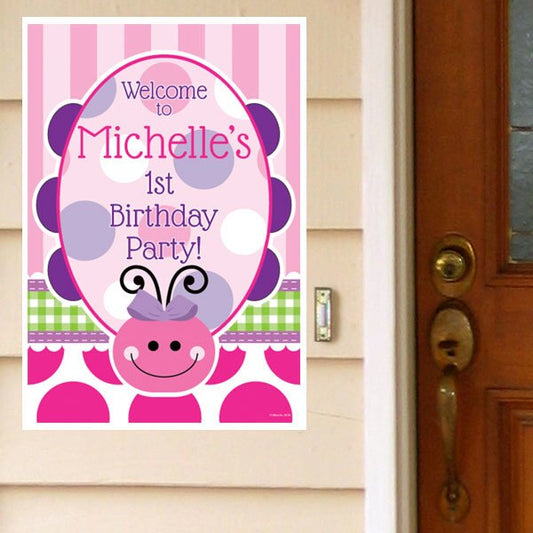 Ladybug Pink 1st Birthday Door Greeter, Editable PDF Printable by Birthday Direct