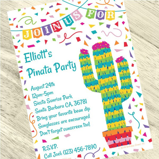 Cactus Pinata Fiesta Party Invitation, 5x7-in, Editable PDF Printable by Birthday Direct