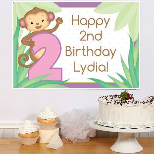 Little Monkey Pink 2nd Birthday Sign, Editable PDF Printable by Birthday Direct