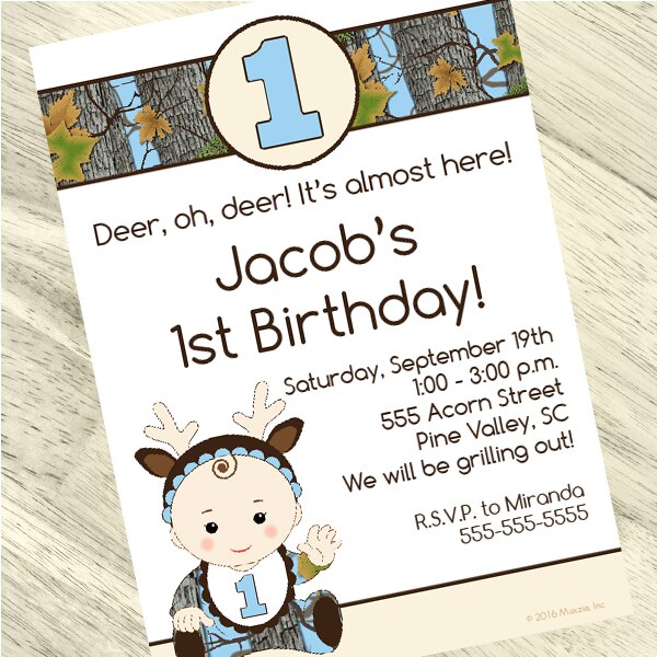 Camouflage Blue 1st Birthday Invitation, 5x7-in, Editable PDF Printable by Birthday Direct