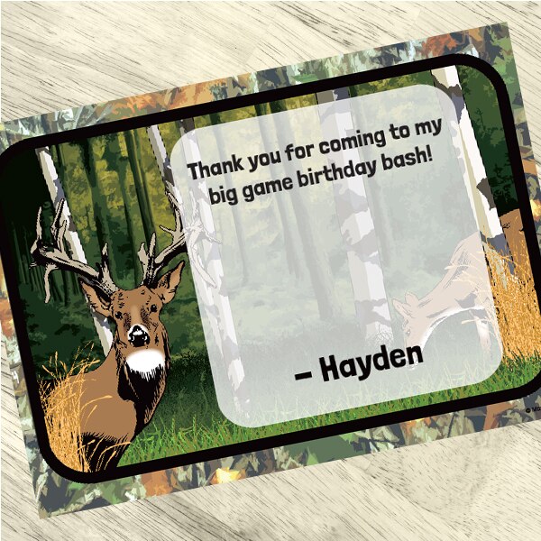 Camouflage Woodland Deer Party Thank You, 5x7-in, Editable PDF Printable by Birthday Direct