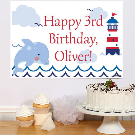 Nautical Dolphin Party Sign, Editable PDF Printable by Birthday Direct