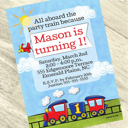 Little Train and Plane 1st Birthday Invitation, 5x7-in, Editable PDF Printable by Birthday Direct