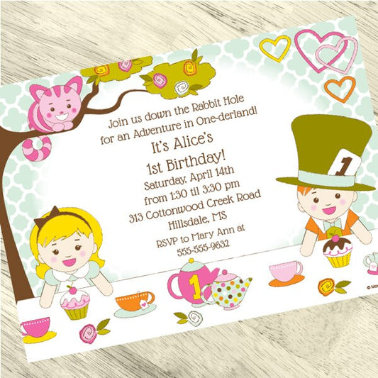 Alice in One-derland 1st Birthday Invitation, 5x7-in, Editable PDF Printable by Birthday Direct