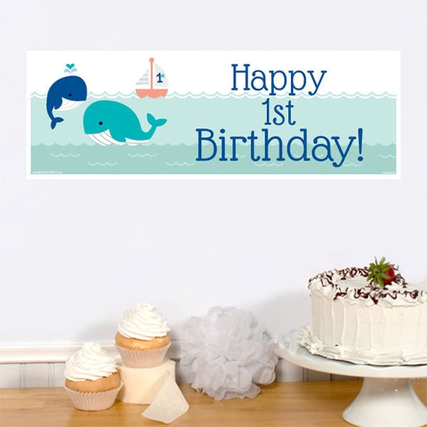 Little Whale Blue 1st Birthday Small Banner, Editable Canva Template by Birthday Direct