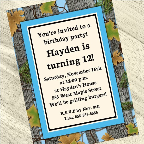 Camouflage Blue Party Invitation, 5x7-in, Editable PDF Printable by Birthday Direct