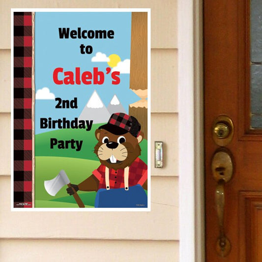 Woodland Lumberjack Beaver Party Door Greeter, Editable PDF Printable by Birthday Direct