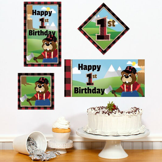 Woodland Lumberjack Beaver 1st Birthday Sign Cutouts Wall Decoration, 8.5x11 Printable PDF by Birthday Direct