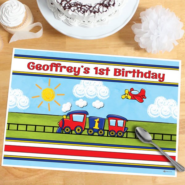 Little Train and Plane 1st Birthday Placemat, 8.5x11 Editable PDF Printable by Birthday Direct