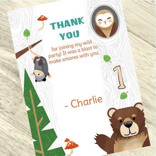 Wild Woodland 1st Birthday Thank You, 5x7-in, Editable PDF Printable by Birthday Direct